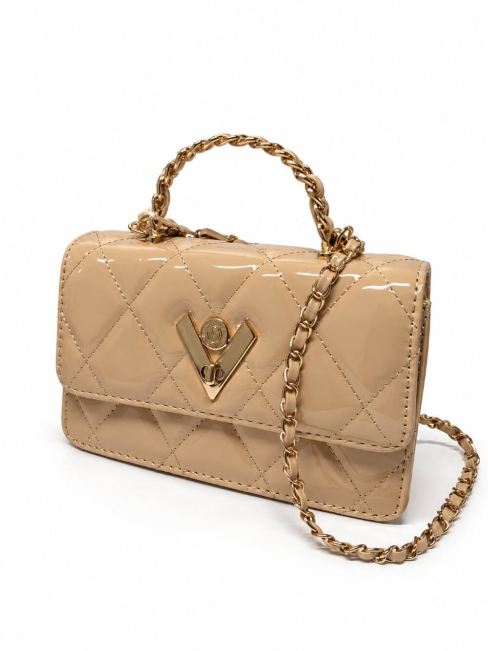 Valentino Orlandi Beige Patent Look Quilted V Logo Crossbody EUC
